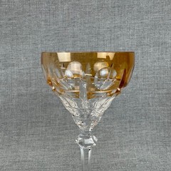 Vintage Cut Crystal Amber Flashed Wine Hock Glass Goblet Faceted Stem 7 7/8″