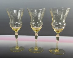 (3) Vintage West Virginia Glass Specialty Etch Optic Yellow Water Wine Goblets