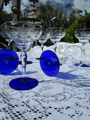 WESTON Etched Cobalt Blue Footed Champagne Floral Design WGL45 6-1/2″ Art Deco-1