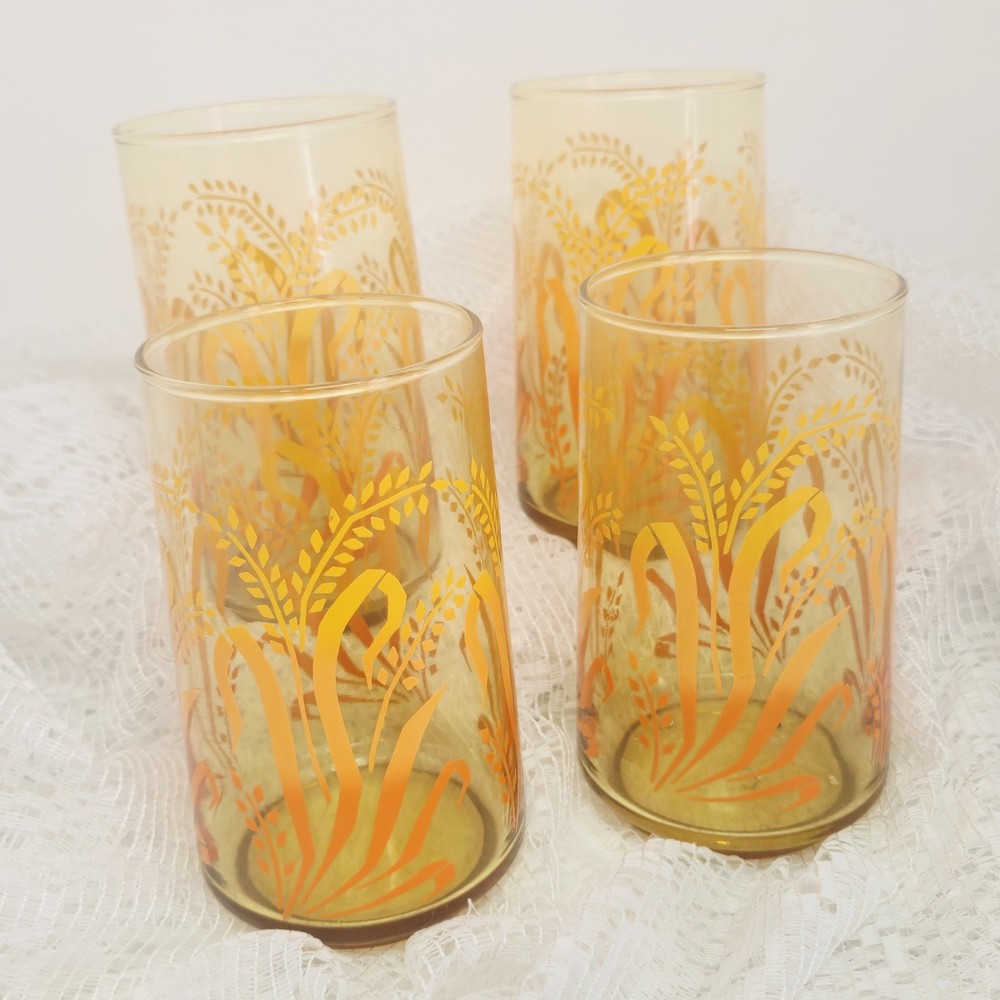 Set of 4 Vintage Libbey Amber Wheat Pattern Glass Tumbler 5 Inches Tall