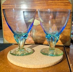 Bromide Bahia Blue Art Glass Dessert Cups Green Stem Scalloped Pair MCM