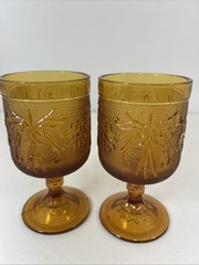 Indiana Tiara Amber Glass Sandwich Pattern Textured Table Wine Goblet 5 3/4” 8oz