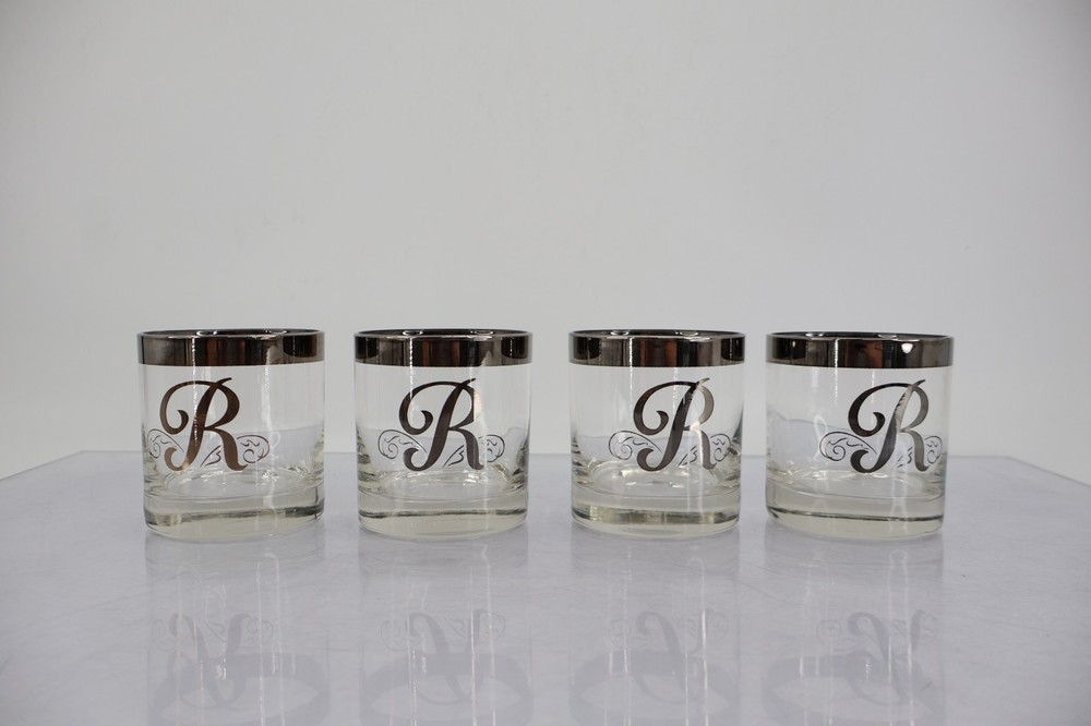 Glastonbury Monogram Letter R Platinum Silver Rocks Glasses Set of 4 Vintage