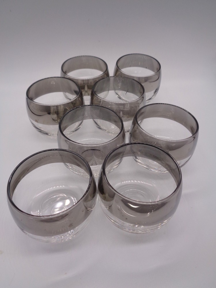 8 Vtg MCM Silver Band ROLY POLY Cordial Glasses 3 oz Dorothy Thorpe Style
