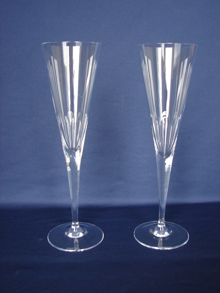 Pair of Tiffany & Co. Crystal TFC14 Cut Panels Fluted Toasting Champagne Stems