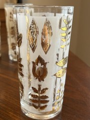 5 Vintage White And Gold Leaf Glass Tumblers 5.5”