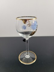 Vintage Clear Stem Cordial Glass Hand Painted Blue Floral Gold Trim 5 1/2″