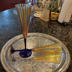 RARE VTG Cenedese Vetri Murano Wine Glass/Flute Multi Colored Striped Pair