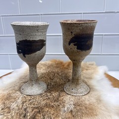 Rustic Scandinavian Stoneware Set of 2 Pottery Goblets Wine Cups Speckled Glaze