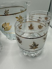 Vintage Pasabahce Frosted Glass With Gold Leaves Ice Bucket And 4 Rocks Glasses
