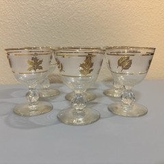 6 Libbey Gold Leaf MCM Frosted Cordial Glasses Set Barware Vintage Collectible