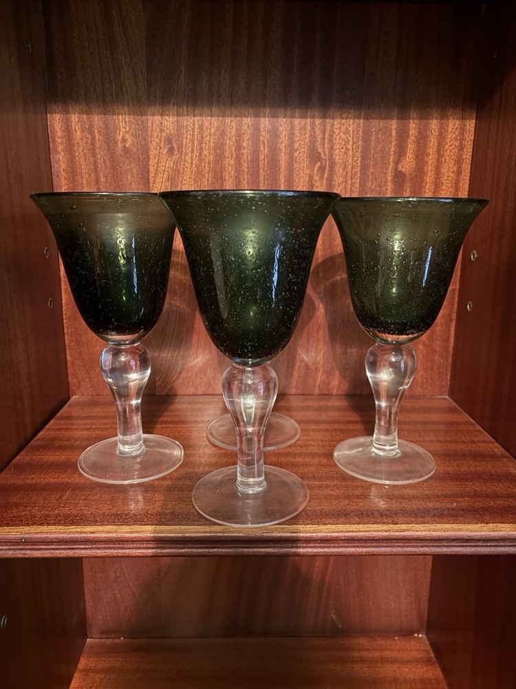 Dark Green Glass Goblets Set of 4 with Clear Stems and Glossy Finish