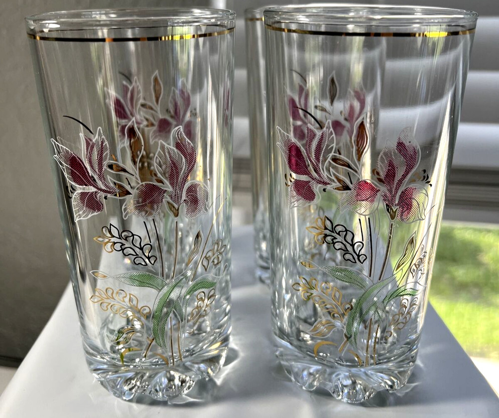 Vintage Cerve Pink Iris Glasses Set 4 Made in Italy SEE ALL PICTURES DETAILS mb