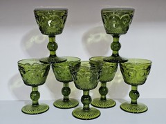 8 Bartlett Collins Bullseye Cane Wine Stemmed St Genevieve Green Rare HTF EUC