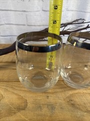 2 pc Set of MCM Roly Poly Cocktail Bar Lowball Glasses 4.25” Silver Rim