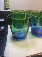 6 Blown Glass Tumblers Green And Cobalt Blue 3.5″ Each