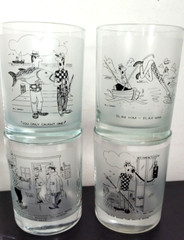 Vintage Bill Davey Set of 4 Comic Strip Rock Glasses Humorous Fishing subjects