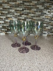 Set Of 4 Iridescent Goblets Wine Glasses Featuring Unique Stem Gold Purple 7.25”