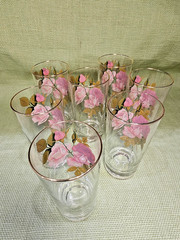 Vintage Set of 7 West Virginia Glass Co Radiant Rose Drinking Glasses 10 oz Mint