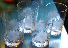Vtg Set 4 ROYAL ALBERT Double Old Fashioned Hand Blown Glasses GRAY CUT FLOWERS