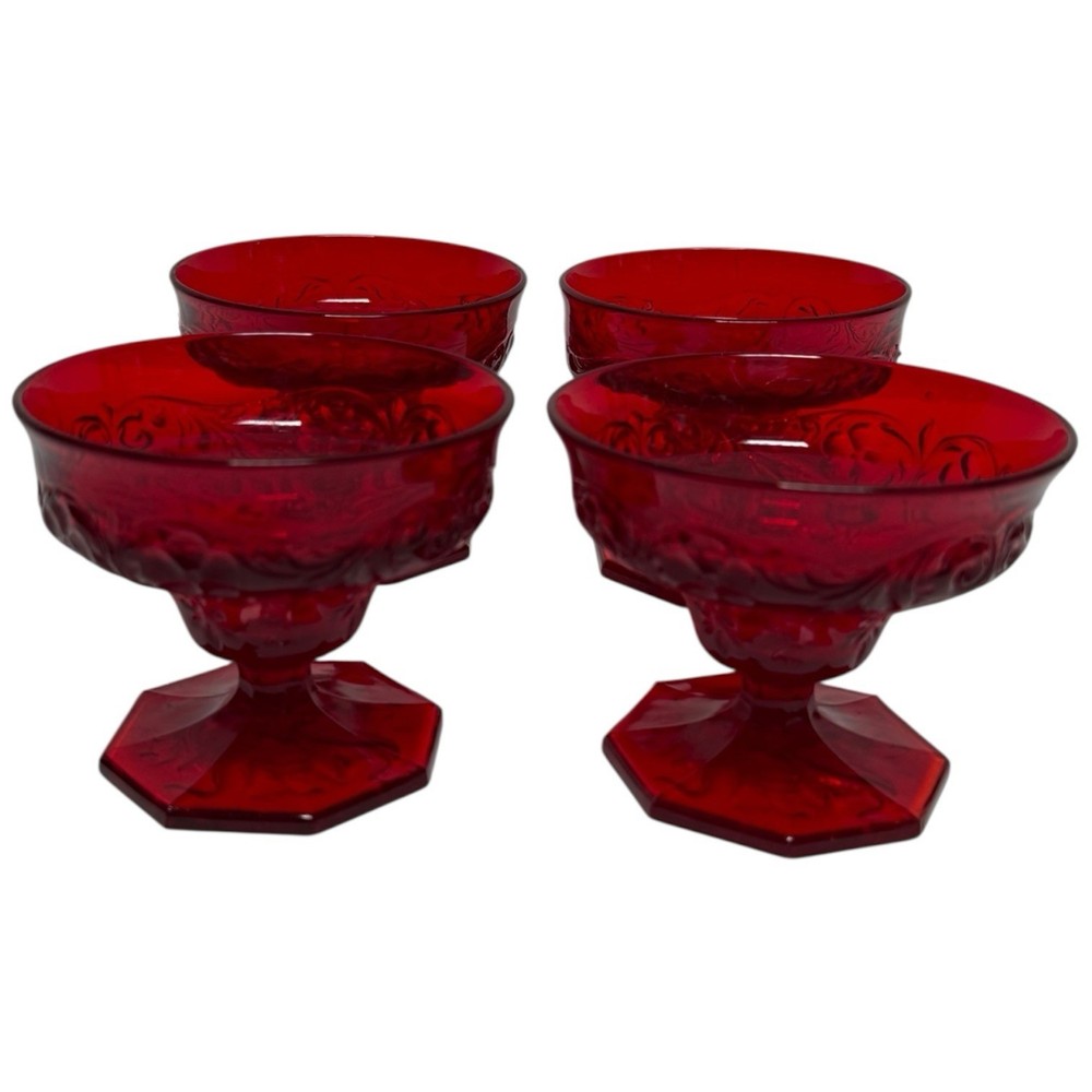 Vintage 1920s McKee Ruby Red Glass Rock Crystal Small Footed Sherbet Bowls Lot 4