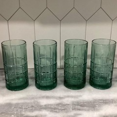 4 Vintage Anchor Hocking Tartan Manchester Tumbler Glasses Green 6″ *