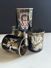 Vintage Mid Century Modern Barware Glasses Set 4 Aztec Mayan Smoke Sterling