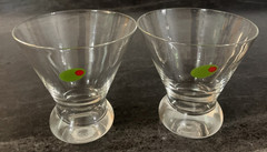 2 Vintage Martini Glasses MCM Stemless Clear Green Olive Design Heavy Bottom