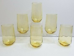 6 Anchor Hocking Amber Tumblers Set Vintage Optical Wavy Drink Retro Glasses Lot