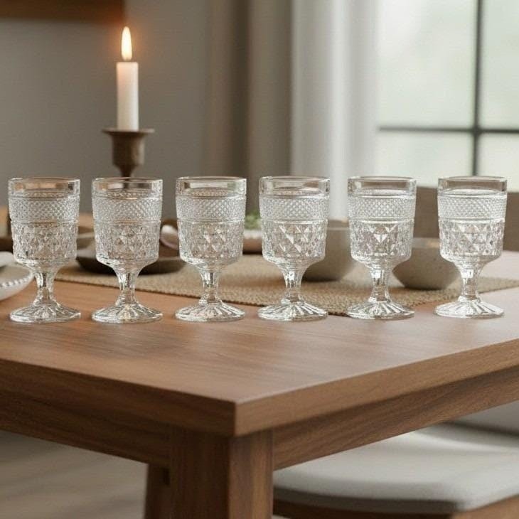 Anchor Hocking Wexford Wine Glasses, Set of 6, Diamond Cut Pattern Pressed Glass