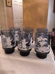LIBBEY MARY GREGORY HAND PAINTED WHITE KIDS PETS COBALT BLUE GLASSES WHIMSY At