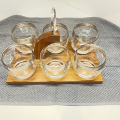 Dorothy Thorpe MCM Roly Poly Silver Rim Set Of 6 With Vernon Walnut Tray
