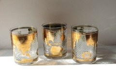 CERA World Map Atlas on Patterned Glass 22k Gold 4” Lowball Whiskey Set of 3