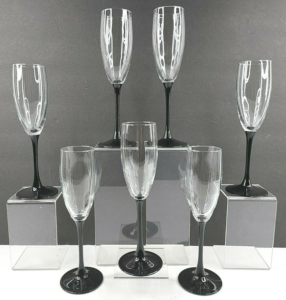 7 Luminarc Domino Signature Black Stems Fluted Champagne Set Cristal France Lot