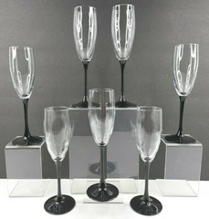 7 Luminarc Domino Signature Black Stems Fluted Champagne Set Cristal France Lot