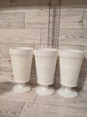 Vintage Set of 3 Milk Glass Goblet Glasses w Grape Motif Footed 5 1/2″ Retro MCM