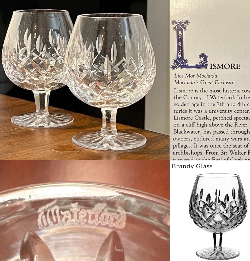 Set of 2 WATERFORD CRYSTAL Lismore Pattern Brandy Snifters Glasses VTG IRELAND