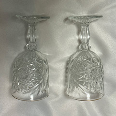 Unmarked Clear Pressed Glass Starburst Goblets, Gold Rim, Set of 2