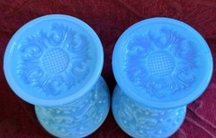Pair of Vintage Ivima Portugal Turquoise Blue Milk Glass «Scroll» Goblets – Rare