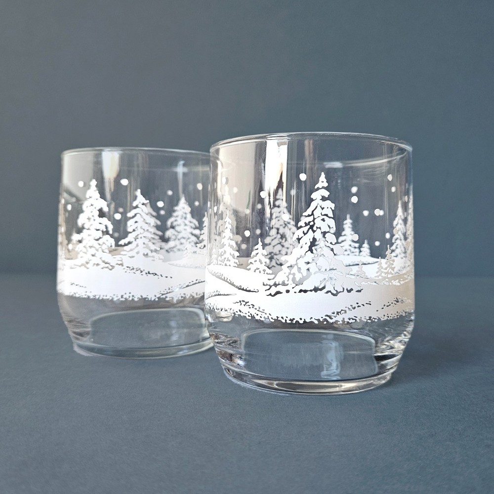 Set Vintage Libbey Lowball Glasses, Frosty Pines, Christmas Snow Scene Tumblers