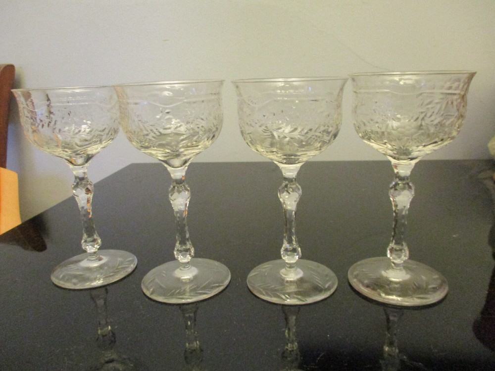 4 Antique Libbey Elegant Glass Etched Floral Leaf Panel Optic Cocktail Goblets