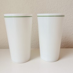 (2) White Milk Glass Tumbler Green Line Trim Vintage Drinkware