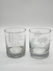 Pair of Etched Old Fashioned Rocks Glasses Low Ball Barware Southwest Designs