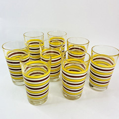 Set of 8 Vintage Tumblers Glasses Amber Glass Red Yellow Stripe