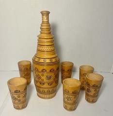 Handcrafted Ukrainian Wood Decanter Set Burned Design (pyrography) With 6 Cups