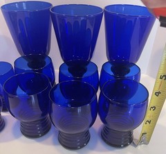 Set of 8 Imperial Cobalt Blue Glass Shaeffer Tumblers 3.75” & 4″ Tall Ribbed