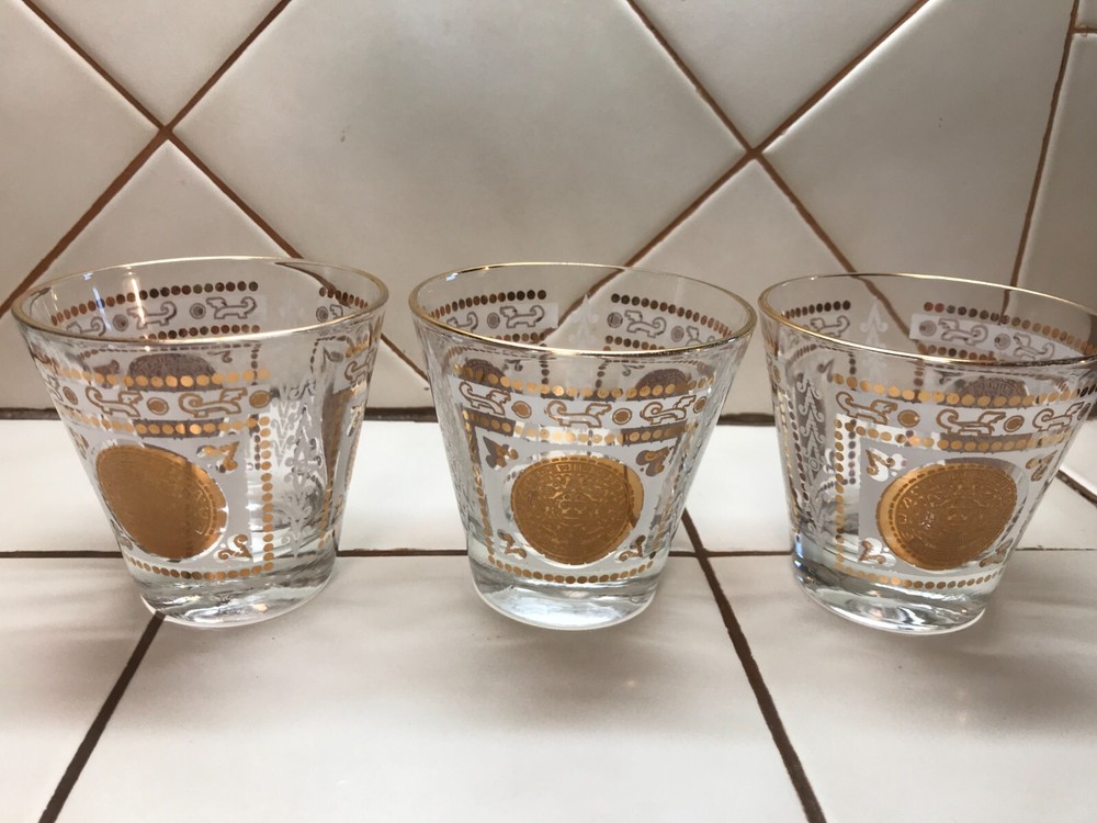 3 VTG MID CENTURY LOW BALL GLASSES AZTEC MEDALLION PATTERN GOLD ACCENTS