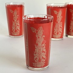 4 Vintage Culver Red Gold Siam Thai Goddess Tumbler Drinking Glasses MCM 5”
