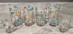 Vintage Federal Atomic Amoeba Boomerang Turquoise Gold Glasses Set of 6