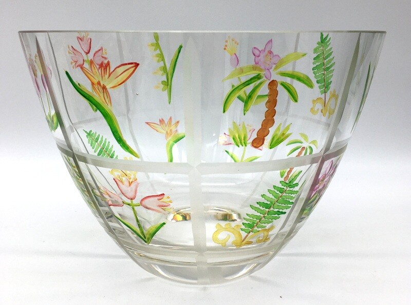 Crystal Bowl Hand Cut Floral Designs Painted Geometric 9″ Across